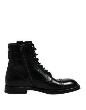 Dolce & Gabbana Black Leather Mid Calf Boots Lace Up Shoes