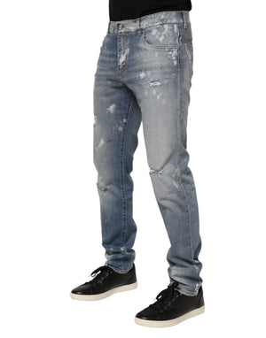Dolce & Gabbana Blue Cotton Tattered Slim Fit Men Denim Jeans