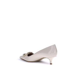 Ferragamo Cream Calf Leather Bos Taurus Mid Heel Pumps