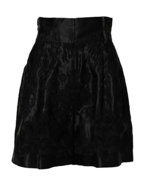 Dolce & Gabbana Black Floral Embroidery Silk High Waist Shorts