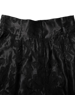 Dolce & Gabbana Black Floral Embroidery Silk High Waist Shorts