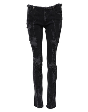Dolce & Gabbana Black Cotton Tattered Skinny Denim Jeans