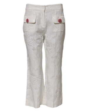 Dolce & Gabbana White Cotton Floral Jacquard Pants