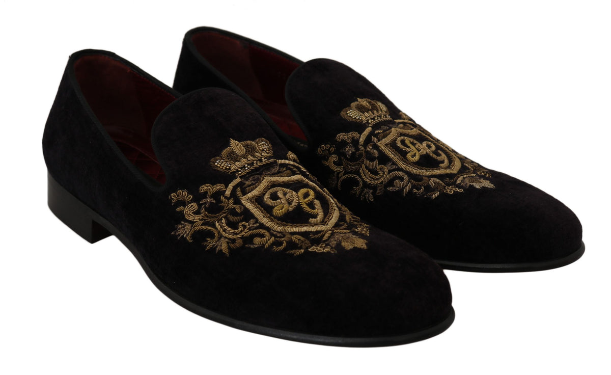 Dolce & Gabbana Loafers Black Velvet Gold Crown
