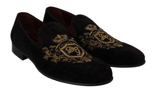 Dolce & Gabbana Loafers Black Velvet Gold Crown