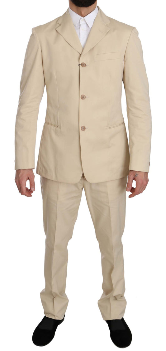 Romeo Gigli Two Piece 3 Button Beige Cotton Solid Suit