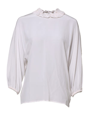Dolce & Gabbana White Ruffled Neckline Blouse Pullover Top