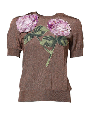 Dolce & Gabbana Brown Lily Embellished Round Neck Blouse Top