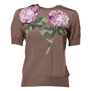 Dolce & Gabbana Brown Lily Embellished Round Neck Blouse Top