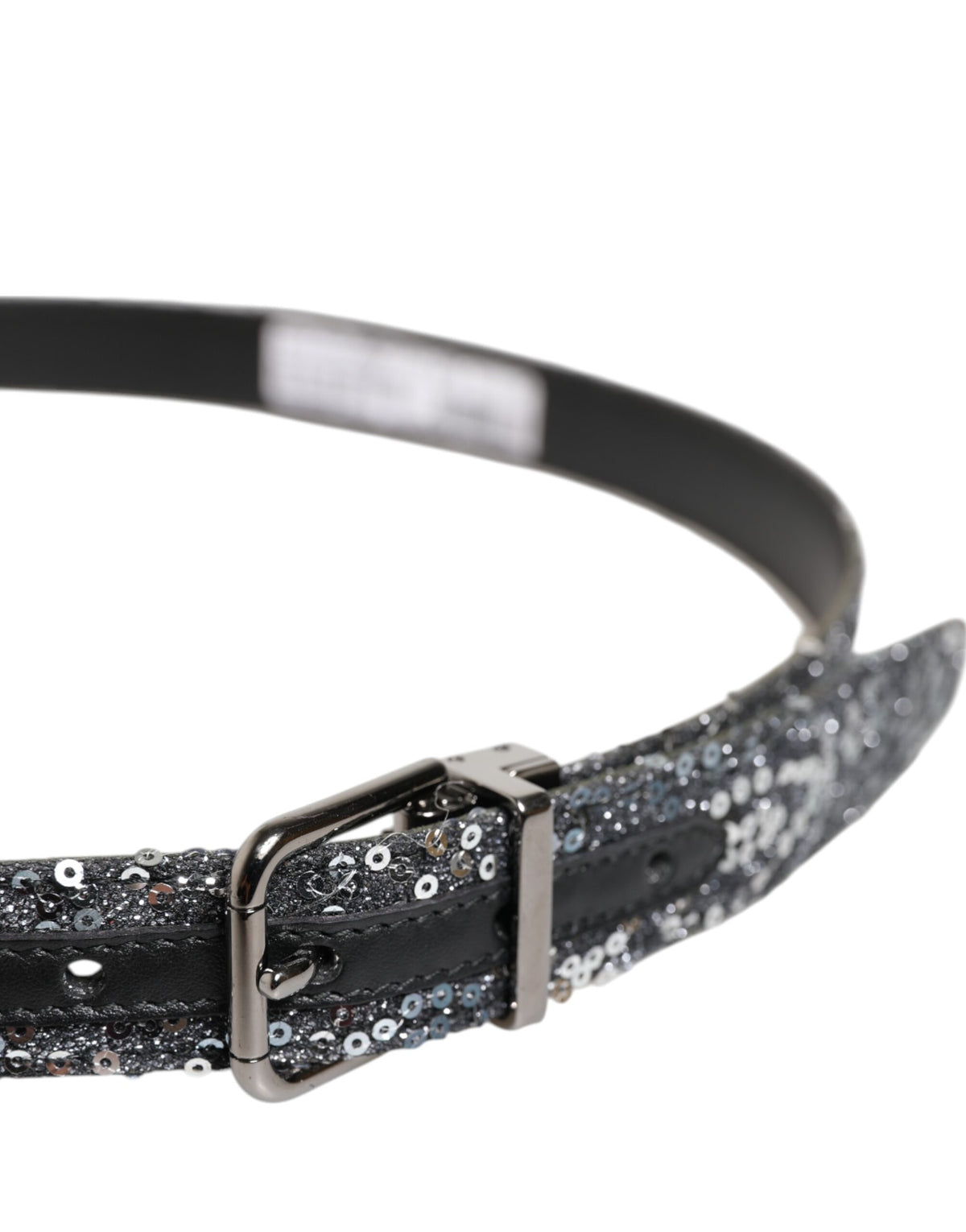 Dolce & Gabbana Black Sequins Silver Metal Logo Buckle Belt