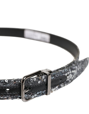 Dolce & Gabbana Black Sequins Silver Metal Logo Buckle Belt