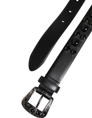 Dolce & Gabbana Black Studded Leather Metal Logo Buckle Belt