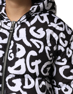 Dolce & Gabbana Black White DG Mania Hooded Long Coat Jacket