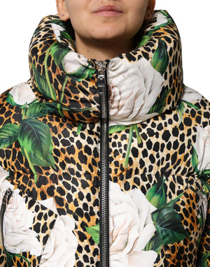 Dolce & Gabbana Multicolor Leopard Rose Puffer Quilted Jacket