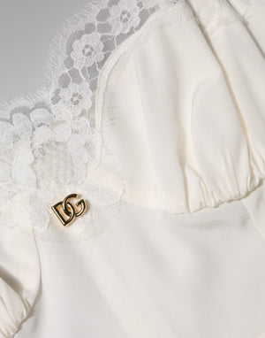 Dolce & Gabbana White Lace DG Logo Silk Dress Sleepwear