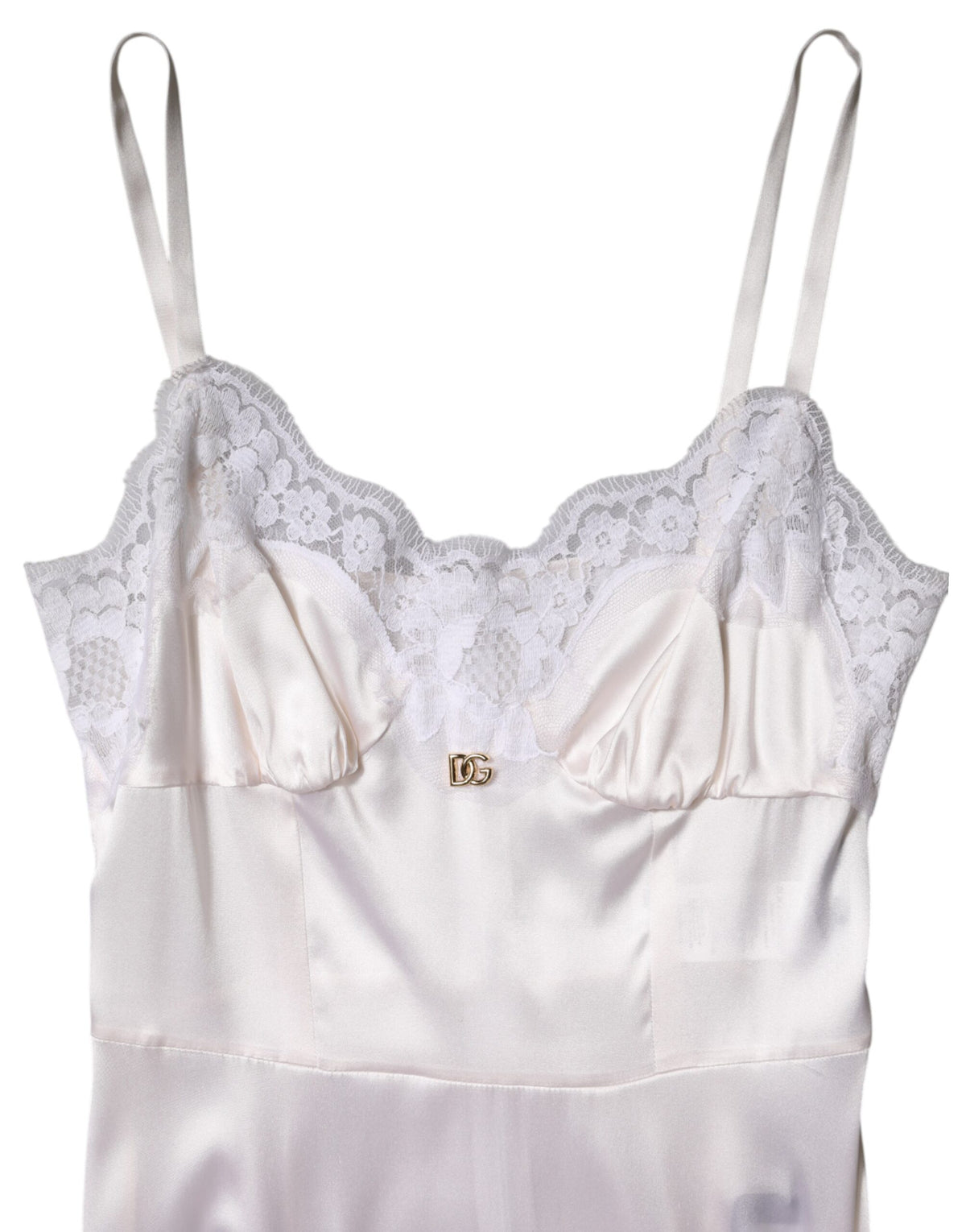 Dolce & Gabbana White Lace Gold DG Logo Silk Dress Sleepwear
