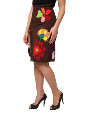 Dolce & Gabbana Brown Floral High Waist Side Slit Skirt