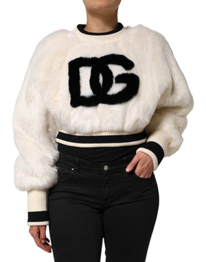 Dolce & Gabbana White Cropped Faux Fur DG Sweatshirt Sweater