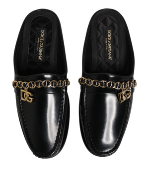 Dolce & Gabbana Black Leather DG Chain Embellished Sandals Shoes