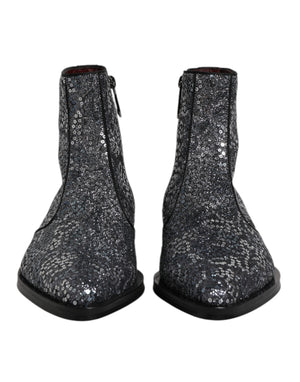Dolce & Gabbana Dark Gray Cotton Sequined Chelsea Boots Shoes