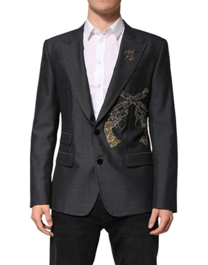 Dolce & Gabbana Dark Gray Bee Embroidery SICILIA Coat Blazer