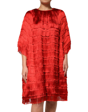 Dolce & Gabbana Red Silk Tiers Fringe Shift Knee Length Dress