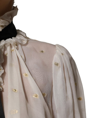 Dolce & Gabbana White Black Silk Long Sleeve Ascot Collar Top