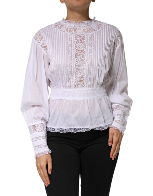 Dolce & Gabbana White Cotton Floral Lace Long Sleeves Top