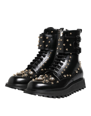 Dolce & Gabbana Black Studded Lace Up Mid Calf Boots Shoes