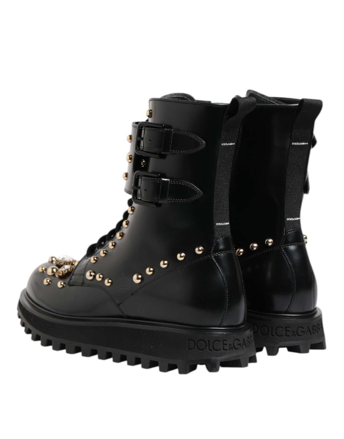 Dolce & Gabbana Black Studded Lace Up Mid Calf Boots Shoes