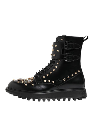 Dolce & Gabbana Black Studded Lace Up Mid Calf Boots Shoes