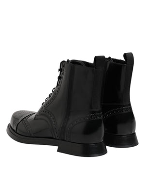 Dolce & Gabbana Black Leather Lace Up Mid Calf Boots Shoes