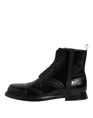 Dolce & Gabbana Black Leather Lace Up Mid Calf Boots Shoes