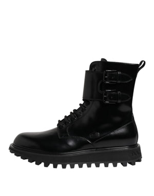 Dolce & Gabbana Black Leather Lace Up Mid Calf Boots Shoes
