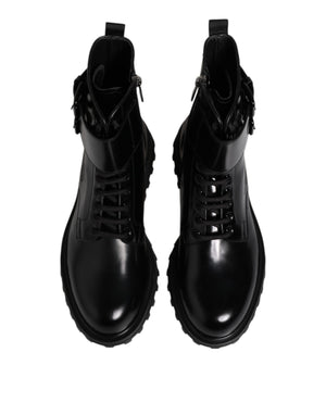 Dolce & Gabbana Black Leather Lace Up Mid Calf Boots Shoes