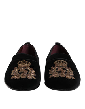 Dolce & Gabbana Black Velvet Gold Crown Mens Loafers Shoes
