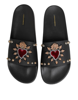 Dolce & Gabbana Black Rubber Sacred Heart Slides Men Beachwear Shoes