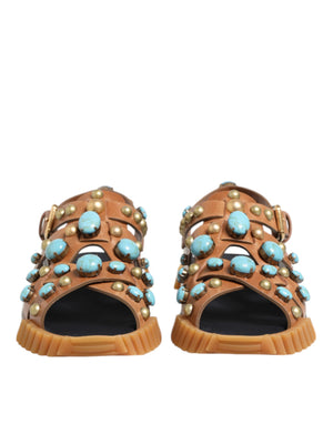 Dolce & Gabbana Brown Leather Studded Slides Sandals Shoes