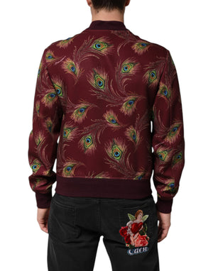 Dolce & Gabbana Maroon Peacock Feather Print Bomber Jacket