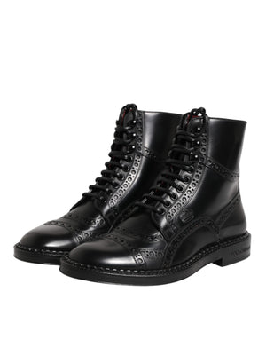 Dolce & Gabbana Black Leather Lace Up Mid Calf Boots Shoes