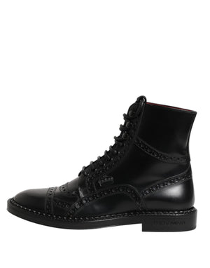 Dolce & Gabbana Black Leather Lace Up Mid Calf Boots Shoes