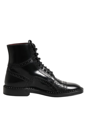 Dolce & Gabbana Black Leather Lace Up Mid Calf Boots Shoes