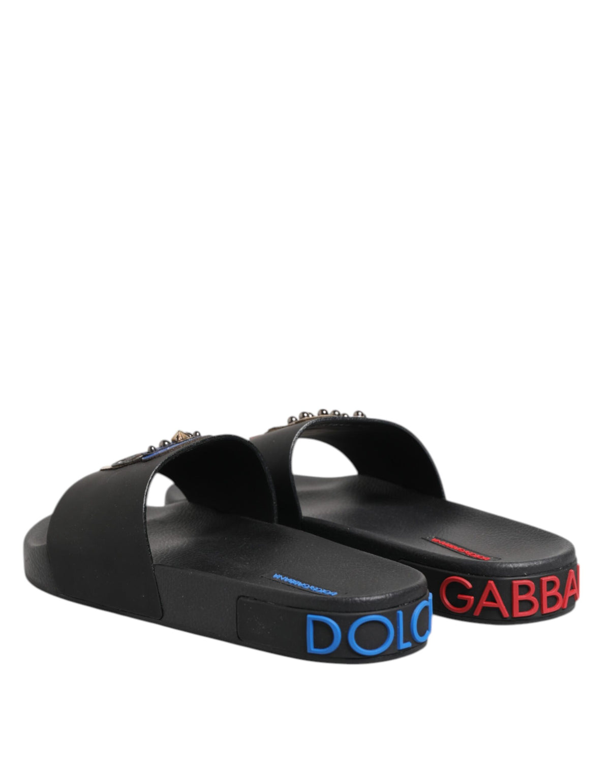 Dolce & Gabbana Black Leather Slides Flats Beachwear Shoes