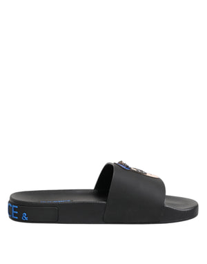 Dolce & Gabbana Black Leather Slides Flats Beachwear Shoes