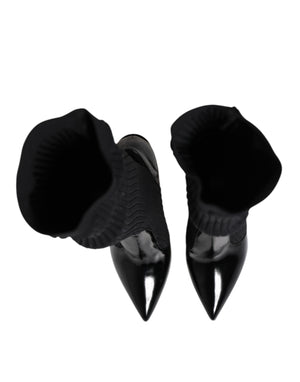 Dolce & Gabbana Black Leather Ribbed Knit Knee Boots Shoes