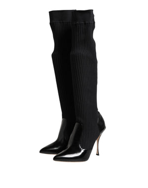Dolce & Gabbana Black Leather Ribbed Knit Knee Boots Shoes