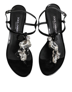 Dolce & Gabbana Black Leather Crystal Ankle Strap Sandals Shoes