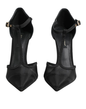 Dolce & Gabbana Black Mesh T-strap Stiletto High Heels Shoes