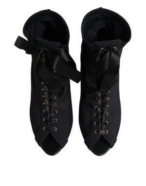 Dolce & Gabbana Black Stiletto Heels Lace Up Boots Shoes