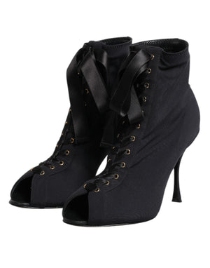 Dolce & Gabbana Black Stiletto Heels Lace Up Boots Shoes